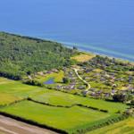 Aerial view of a village by a lake with green meadows and forest