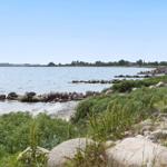 Coast with stones and grass, view of calm water and distant shoreline.