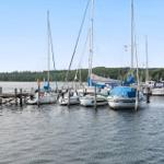 Sailboats are moored at a pier in the water. A green landscape is visible in the background.