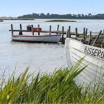 Boat marked BISSERUP is on the water. Grass and wooden pier are visible.