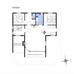 Floor plan shows three bedrooms, kitchen, bathroom, and covered terrace.