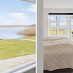 Schlafzimmer mit Blick auf See und Grasfläche. Fenster und Tür führen nach draußen.