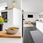 Küche mit Arbeitsfläche, Pflanze und Schale. Wohnbereich mit Esstisch, Fernseher und Wandbildern.