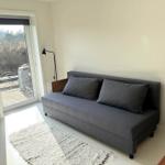 Ein grauer Sofa mit Kissen steht im Raum. Durch die Glastür ist ein Balkon sichtbar.