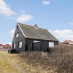 Schwarzes Holzhaus mit Dach und Fenstern, umgeben von Sträuchern und einem Weg.