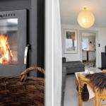 Kaminofen mit brennendem Holz, Wohnzimmer mit Sofa, Stuhl und Pendelleuchte.
