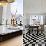 Esszimmer mit schwarz-weißem Boden und Holztisch. Küche mit Arbeitsplatte und Fenster.