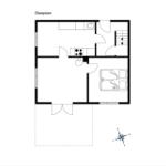 Stueplan zeigt Küche, Schlafzimmer und Bad mit Treppe.