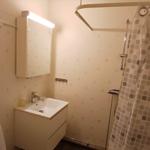 Badezimmer mit Dusche, Waschbecken und Spiegelschrank.