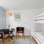 A room with bunk bed, desk and chairs. A picture hangs on the wall.