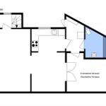 Floor plan shows kitchen, bathroom, bedroom, and covered terrace.