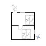 Apartment with two bedrooms and entrance. Includes compass and measurements.