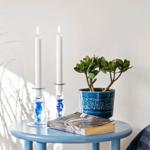 Blue table with candles, plant, and book.