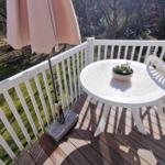 Terrasse mit weißem Tisch, Stuhl und Sonnenschirm. Blick auf grünen Garten und Bäume.