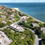 Aerial view of coastal village with thatched-roof houses and beach.