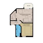 Wohnung mit Schlafzimmer, Küche, Bad und Balkon. Räume mit genauen Maßen.