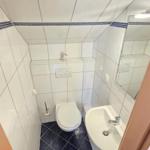 Badezimmer mit Toilette, Waschbecken und Spiegel.