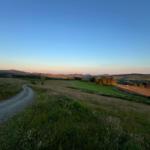 Wiesenweg durch grüne Landschaft mit Bergen im Hintergrund bei Sonnenuntergang.