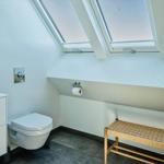 Badezimmer mit Dachfenstern, Waschbecken, Toilette und Bänkchen.