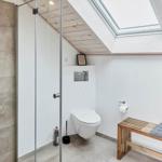 Dusche mit Glaswand, Toilette und Holzbank unter Dachschrägen mit Dachfenstern.