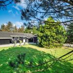 Schwarzes Haus mit Garten und Bäumen unter blauem Himmel.