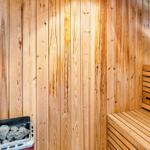 Sauna mit Holzwand und Sitzbänken, Heizung mit Steinen