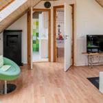 Wohnbereich mit TV, grünen Sesseln und Holzboden. Tür führt in Bad und Schlafzimmer.