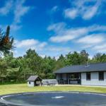 Haus mit Garten, Trampolin und Schaukel unter blauem Himmel.