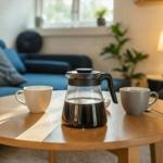 Auf dem Tisch stehen zwei Tassen und eine Kaffeekanne.