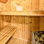 Holzsauna mit Sitzbank, Steinmulde und Wassereimer.