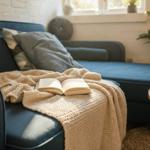 Ein dunkelblaues Sofa mit Kissen und einer Decke, auf der ein Buch liegt. Hintergrund: Fenster und Pflanze.