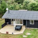 Schwarzes Ferienhaus mit Holzterrasse, Garten und Satellitenschüssel.