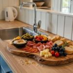 Küchenarbeitsfläche mit Holzbrett, Käse, Brot und Obst