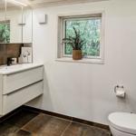 Badezimmer mit Dusche, Waschbecken und Toilette. Fenster mit Pflanze.