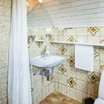 Badezimmer mit Duschvorhang, Waschbecken und Toilette. Wände mit gemusterten Fliesen.