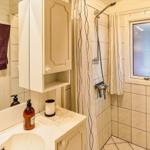 Bad mit Dusche, Waschbecken und Spiegelschrank. Fenster mit getöntem Glas.
