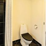 Bad mit Dusche, Toilette und Tür zum Flur