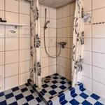 Badezimmer mit Dusche, Toilette und blau-weißem Fliesenboden.