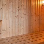 Sauna mit Holzwand und Sitzbänken