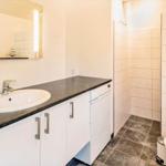 Badezimmer mit Waschbecken, Spiegel, Toilette und Waschmaschine.
