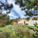 Ein gelbes Haus mit rotem Dach, umgeben von Nadelbäumen und Gras.