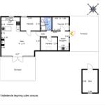 Dieses Grundrissbild zeigt eine Wohnung mit Küche, Wohnzimmer, drei Schlafzimmern, Bad und Terrasse.