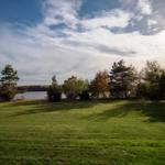 Green grass field with trees and lake under blue sky with sun.