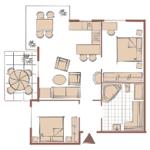 Dieses Apartment hat zwei Schlafzimmer, eine Küche, ein Bad und eine Wohnküche.
