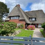 Dorfhaus mit Strohdach, blühenden Rosen und Steinweg zum Eingang.