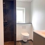 Badezimmer mit Dusche, Toilette und Waschtisch.