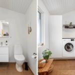 Badezimmer mit Dusche und Waschbecken. Nebenraum mit Waschmaschine und Pflanze.