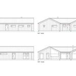 Architekturzeichnungen der vier Außenwände eines Gebäudes mit Fenstern und Türen.