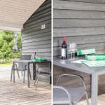 Terrace with table, chairs, and game. Background: forest and garden.