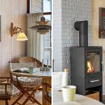 Dining area with wooden chairs and wall art. Fireplace with burning fire and decorative vase.